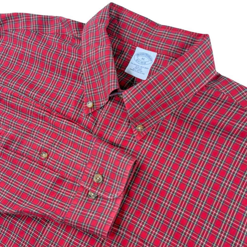 Brooks Brothers Red Plaid Slim Fit Button Down Shirt Cotton Non‎ Iron Mens XL